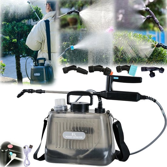 SnelShoppen - Drukspuit 5L Draadloze Tuinspuit met Lans en 4 Verstelbare Sproeikoppen, Rugspuit met 2400 mAh Accu voor Tuin, Camping en Huishouden van Snelshoppen