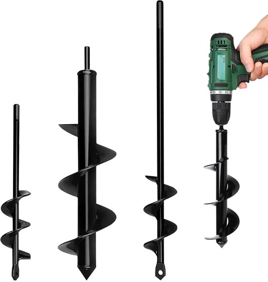SnelShoppen - Earth Drill voor Accuschroefmachine, 4.5x37 cm / 8x30 cm / 4x22 cm, Tuinboor, Aarde Boor, Voor 3/8 Inch Hex Aandrijving, Handboor, Graaf