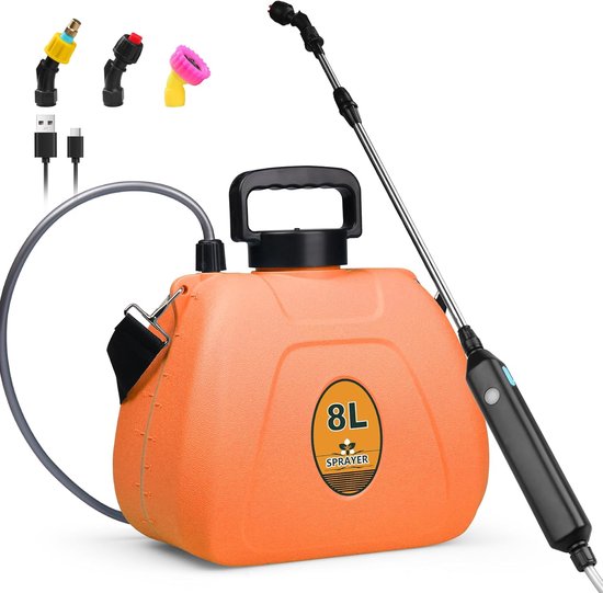SnelShoppen - Elektrische Drukspuit 8 L met Hoge Druk Pomp, 1500 mAh, USB Oplaadbaar, 3 Nozzles en Telescopische Stang voor Tuin, Gras, Heg, Onkruid,