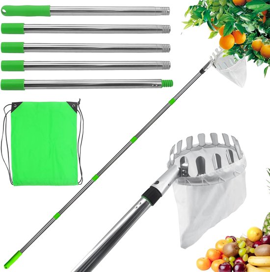 SnelShoppen - Fruitplukker met telescopische steel en stoffen zak, appelplukker, diameter 16 cm, kersenplukker voor het oogsten van appels, citrus, pe
