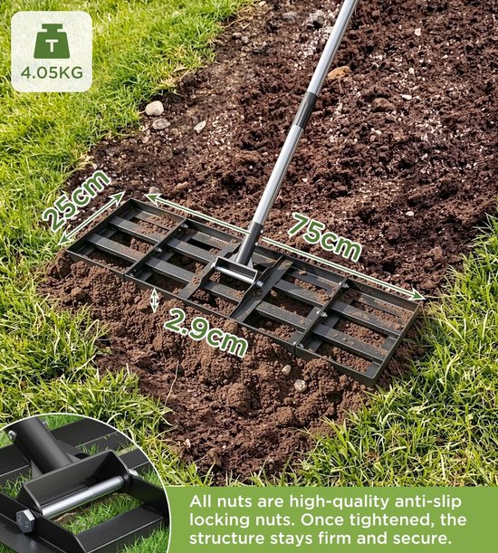 SnelShoppen - Grass Cracker 75x25 cm, Verstelbare Lengte, Rake met 190 cm RVS Handvat, Robuuste en Energiezuinige Tuinschuif voor Tuin, Buitenruimte,