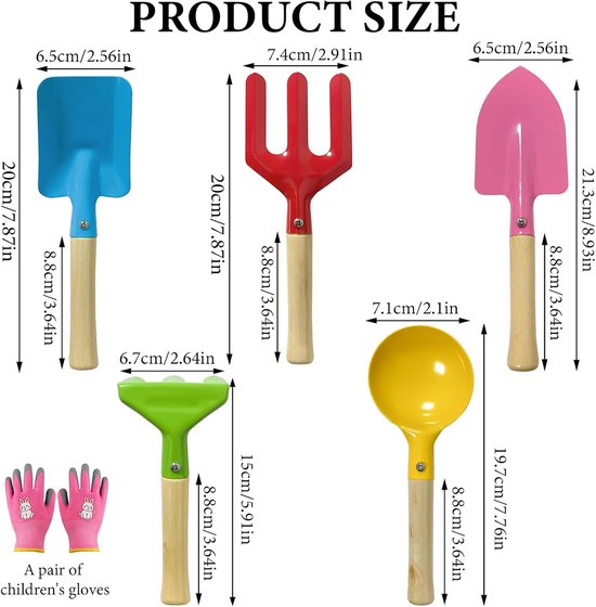 SnelShoppen - Handschoenenset en Tuingereedschap Roze - 5 Delige Tuinset met Plantenschep, Handvork, Hark, Bladhark en Schep - Duurzame Tuinhandschoen