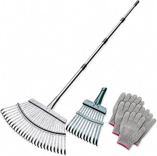 SnelShoppen - Hark Tuin 25+11 Tanden Bladhark met Metalen Steel, 4-delige Verstelbare Handgreep 40-45 cm, Heavy-Duty Tuinhark voor Bladeren, Gazon en