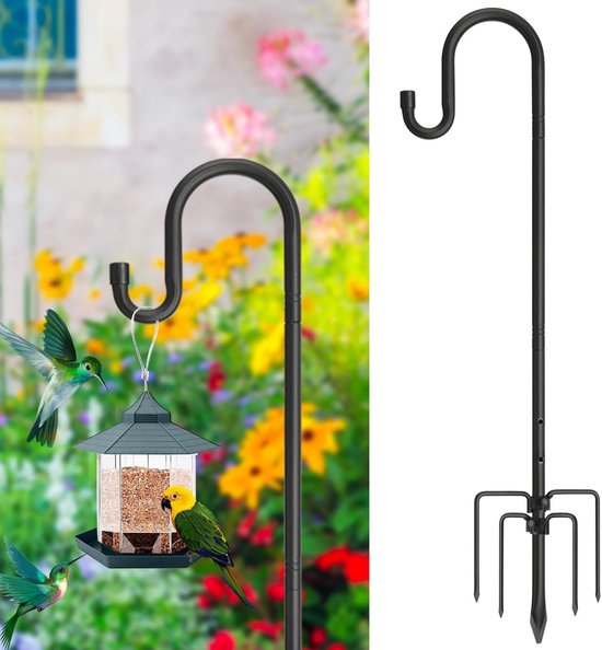 SnelShoppen - Herdershaak zwart 195 cm, vogelvoederdispenser met 5 tanden, instelbare metalen tuinhaak, lantaarnhouder voor verlichting en hangend sta