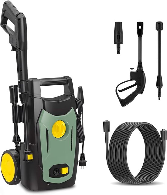 SnelShoppen - Hoge Druk Reiniger 1200 W met Wielen, 100 Bar, 6.5 L/min, Perfect voor Auto, Motor en Fiets, 5 m Elektrische Kabel