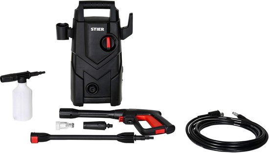 SnelShoppen - Hoge druk reiniger 1400 W, max. druk 105 bar, 330 l/h, 10 m werkradius, 5 m slang, inclusief zeepfles en terrasreiniger voor auto, bande