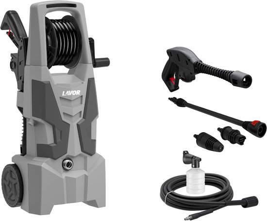 SnelShoppen - Hoge Drukreiniger 145 Bar, 1900W, 420 l/h, Met Winder, Lichtgewicht, Ergonomisch, Voor Tuin, Auto, Terras, Grijs