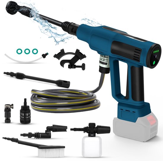SnelShoppen - Hogedrukreiniger 18V, 340W, borstelloze hogedrukreiniger met 5 m slang, 6-in-1 mondstuk, filter, schuimkan, draaibaar mondstuk voor tuin