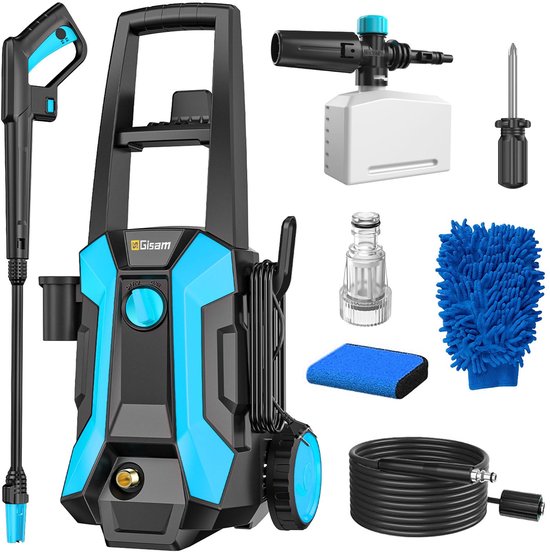 SnelShoppen - Hogedrukreiniger 2200 Watt, 180 Bar, 480 l/u, Slanghaspel met 8 m Slang, Accessoireset met Zeepfles en Schuimmondstuk voor Tuin en Auto
