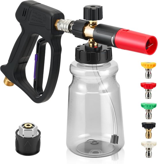 SnelShoppen - Hogedrukreiniger 5200 PSI met Schuimkanon, 5 Sproeikoppen, 1L, 1/4 inch Interface voor Auto's, Terrassen en Gevels, Krachtige Reiniging