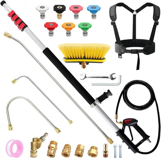 SnelShoppen - Hogedrukreiniger met Telescoopstaaf, Verlengstaafjes, Borstelkop, Dakgootreiniger, 7 Sproeimondstukken, 2 Slangadapters en Steunriem (02