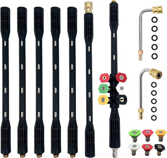 SnelShoppen - Hogedrukreiniger-verlengstaaf set van 9 verlengstangen met 5 sproeipunten en 1/4 inch snelaansluiting, ideaal voor dakgoten tot 4000 psi