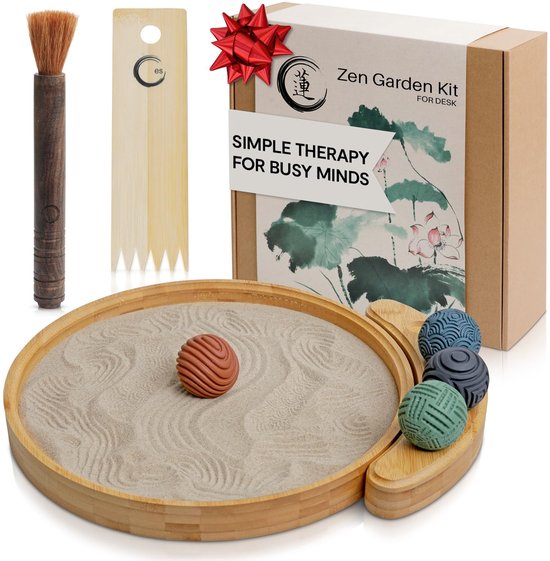 SnelShoppen - Japanse Zen Tuingereedschap Set - 30,5 cm Ronde Bamboe Lade, 4 Stempelbollen, Natuurlijk Zand en Hark - Mini Zen Decoratie Geschenken vo
