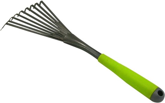 SnelShoppen - Kleine Hark in Zwart, Poedergecoat met Zilveren Hammerblow, Tuin Gereedschap met 9 Vlakke Veerstaal Tanden, Roestvrij Bladhark voor Tuin