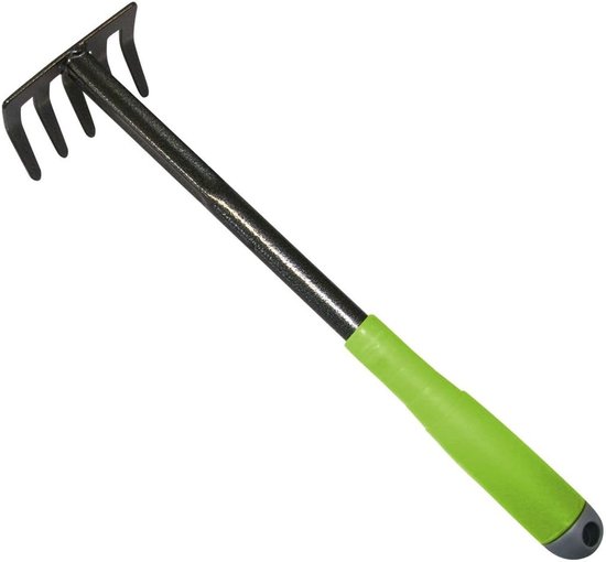 SnelShoppen - Kleine hark zwart/geel, poedercoating, zilverhamerafwerking, bloemenhark, dimensionaal stabiele handgreep, tuin gereedschap, 5 tanden, a van Snelshoppen