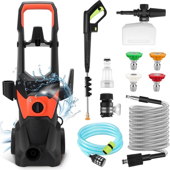 SnelShoppen - Krachtige Hogedrukreiniger 3000W met 336 l/h, 200 Bar Waterdruk, 10 m Slang en 4 Opzetstukken voor Auto's, Tuin, Terras en Schuttingen