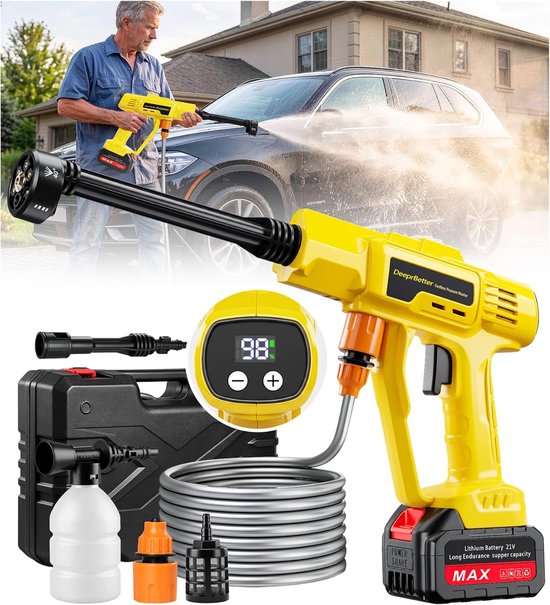 SnelShoppen - Mobiele Hogedrukreiniger 6-in-1 Draadloze Hogedrukreiniger met 5 m Slang voor Auto, Tuin, Terras, Bodemreiniging en Irrigatie