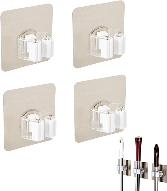 SnelShoppen - Mop Broom Holder 4 Pack - Wandhouder voor Moppen en Bezems - Zelfklevende Broom Gripper - Geen Boren Nodig - Sterk en Duurzaam - Wit voo