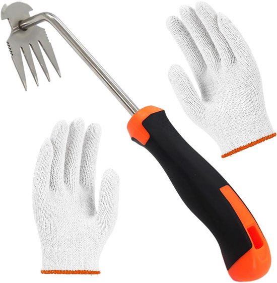 SnelShoppen - Onkruidsteker met 1 Paar Katoenen Mesh Handschoenen, Vier Tanden Jae Haak, Roestvrijstalen Wortel Haak voor Tuin, Moestuin, Landbouw