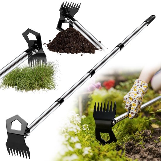 SnelShoppen - Onkruidtrekker met lange steel, 2-in-1 tuinschoffel en onkruidhark, robuuste onkruidverwijderaar voor tuin, gazon en bloembedden