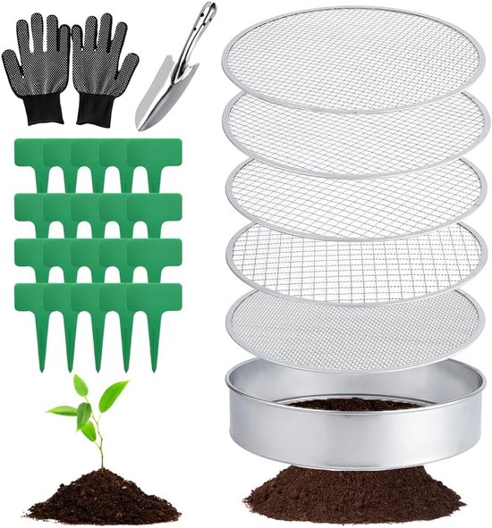 SnelShoppen - Ronde Tuinzeef 5-in-1 RVS met 5 Verwisselbare Zeefinserts 3, 6, 9, 10, 12 mm, Compostzeef, Tuinschep en 20 Plantlabels met Tuinhandschoe
