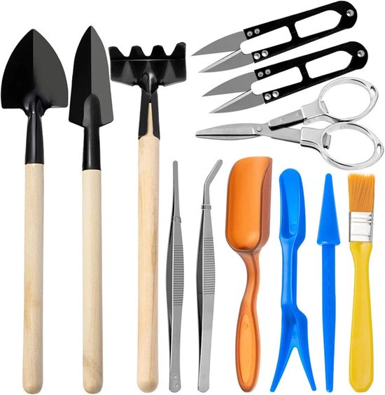 SnelShoppen - RoseFlower Bonsai Gereedschapsset - 12 Stuks Mini Tuin Verplantgereedschap Set - Inclusief Blad Trimmer, Pincet, Schoffel, Hark, Opvouwb