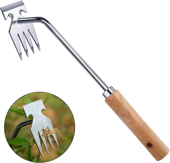 SnelShoppen - RVS Onkruidbestrijdingsgereedschap met Houten Handvat, Robuuste Tuinhark voor Onkruidverwijdering en Grondverwijdering, Ideale Tuin Tool