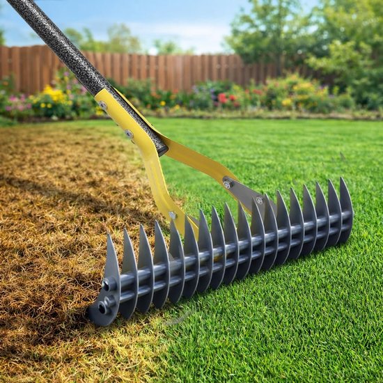 SnelShoppen - Scarifier Rake met Handvat 140 cm, Verstelbare Vertikutator voor Tuinonderhoud, 38 cm Breed voor Efficiënt Verwijderen van Mos en Gras i