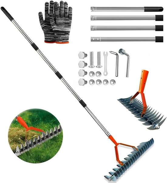 SnelShoppen - Scarifier Rake Mos Rake 170cm - Verstelbare Handscarifier voor Tuinonderhoud - Ergonomisch Ontwerp - Ideaal voor Gazon, Binnenplaats en