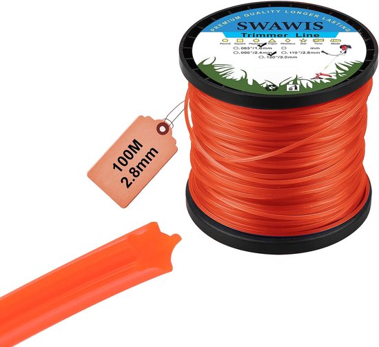 SnelShoppen - Trimmerdraad 2,8mm/100m voor Grasmaaien, Vervangingslijn Nylondraad voor Grastrimmers, 5-Kant Spiraal, Oranjerood, Tuinonderhoud