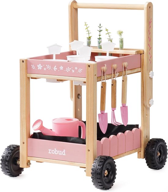 SnelShoppen - Tuingereedschap voor Kinderen - Houten Tuinwagen met Gieter, Schep, Handhark, Plantenpotten en Hydrocultuurbuizen - Pedagogisch Tuinset