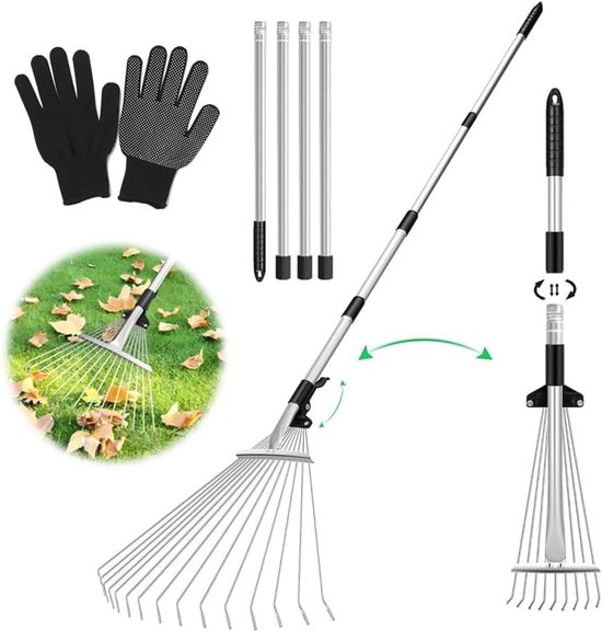 SnelShoppen - Tuinhark met Handgreep, Verstelbare Hark voor Bladeren, Stalen Hark inclusief Handschoenen voor Tuin, Gazon en Binnenplaatsen, Tuinacces