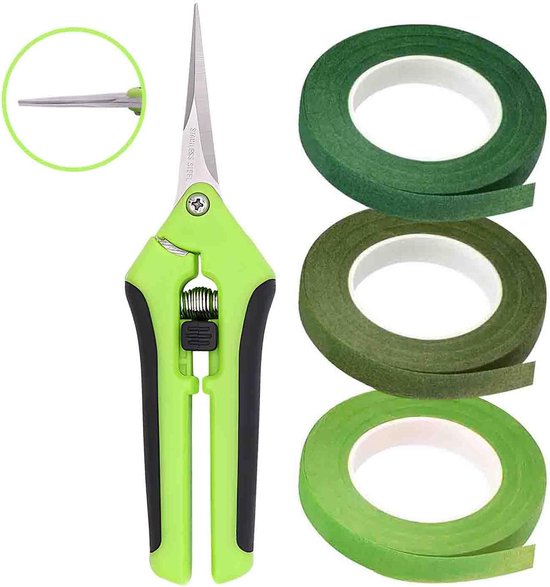 SnelShoppen - Tuinschaar Set voor Bloemen, Planten en Bonsai - Rechte Tuinscharen met Vergrendelbare Handgreep en 3 Rollen Kleurige Bloementape