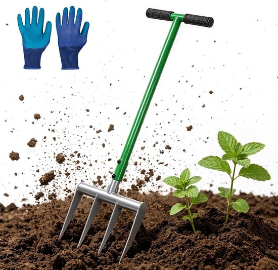 SnelShoppen - Tuinvork voor Harde Bodems, 31 x 107.5 cm, Schopvork met 4 Tanden van Hoog Manganese Staal, Graafvork, Tandlengte 25 cm, Inclusief Werkh