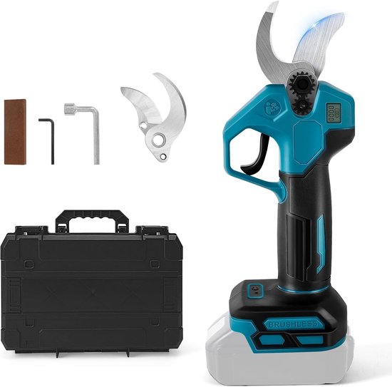 Snoeischaar compatibel met Makita 18V accu, borstelloze handheld elektrische snoeischaar met 2 versnellingen, digitaal display, 30 mm snijdiameter, slijpsteen en reservemessen (geen batterij
