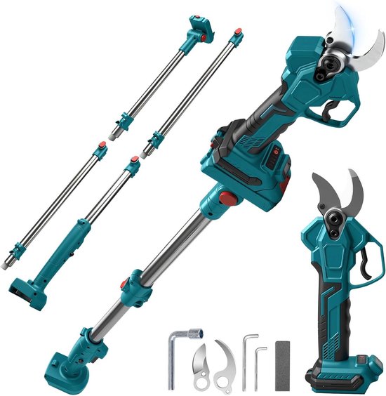 Snoeischaar met accu, 18V compatibiliteit, 65 mm opening, 40 mm snijddiameter, verlengingsstang 2m, LCD-display, oplaadbaar, elektrische takkenschaar. van Merkloos	