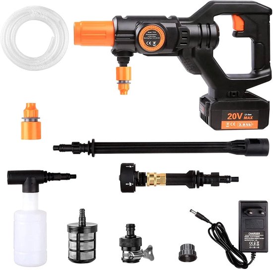 Snoerloze Hogedrukreiniger - Draagbaar & Krachtig - 20V - Oplaadbare Accu - Hogedrukreiniger voor Elektrische Auto - 5 m - 5 in 1 Alang met Roterende Sproeier - voor Autohek - Tuin en Zwembad - Zwart van Alang