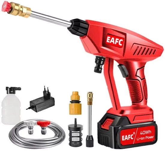 Snoerloze Hogedrukreiniger met Accu en Verstelbaar Mondstuk - 3 Sproeipatronen - Voor Reinigen en Sproeien - Incl. Aanzuigslang en Fles - Rood van Kayoba