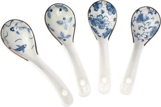 Soeplepel - 4-delige keramische set - Chinees-Japans-Koreaanse soeplepels - Lang gebogen handvat voor ramen, rijst, pho, wonton en pasta - keramische lepels