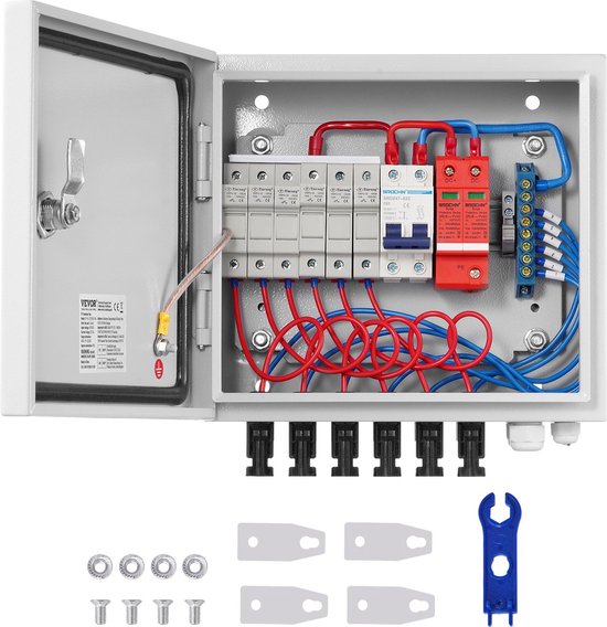 Solar PV-Combinatorbox, 6-Snaar, 15A - Stalen Behuizing - met Bliksembeveiliging - 15A DC - Zekeringen en een Stroomonderbreker Ondersteunt - IP65 Stof- en Waterbarrière - voor Zonne-Energiesystemen op en Buiten het Elektriciteitsnet van ReneSola
