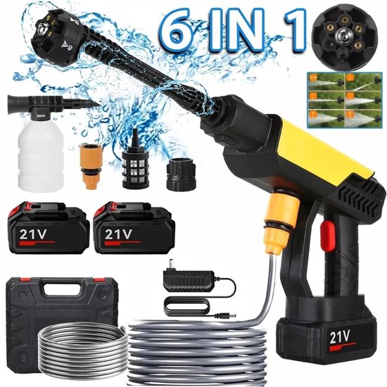 Solvix Hogedrukreiniger – Hogedrukreinigers – Hogedrukreiniger Accu – Hogedrukspuit Draadloos – 6-in-1 Waterpistool – Met Batterij en 5M Slang – Voor Auto, Tuin en Terras van Merkloos	