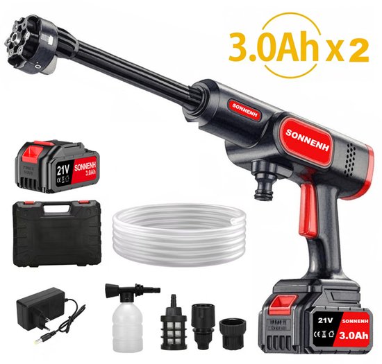 SONNENH Draadloze Hogedrukreiniger - 40 Bar - Inclusief 2x 21V 3000mAH Accu - 6-in-1 Nozzle - Draagbare Drukreiniger voor Auto, Fiets & Tuin - Complete Set met Koffer van Merkloos	