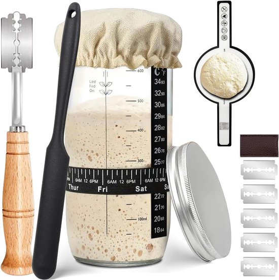 Sourdough Starter Kit - 730ml Sourdough Starter Pot - Sourdough Kit met Thermometer Band - Date Feeding Band - Scraper - Bread Lame Cutter - Baking Mat & Cloth Cover - Bakaccessoires voor Sourdough Broodmaken van Merkloos	