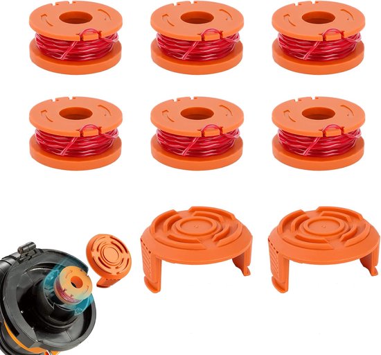 Speciale spoel voor grasmaaiers Compatibel met alle 20V Worx-grasmaaiers Duurzame vervangingsspoel verbetert de maai-efficiëntie -Verpakking van 8 stuks: 6 spoelen - 2 dopjes van Merkloos	