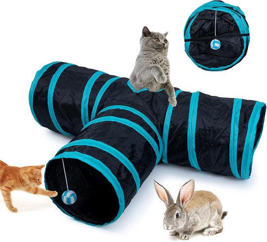 speelgoed, tunnel, opvouwbaar, kattenspeelgoed voor kittens, puppy's, hazen, binnen en buiten (zwart 3-weg cat tunnel)