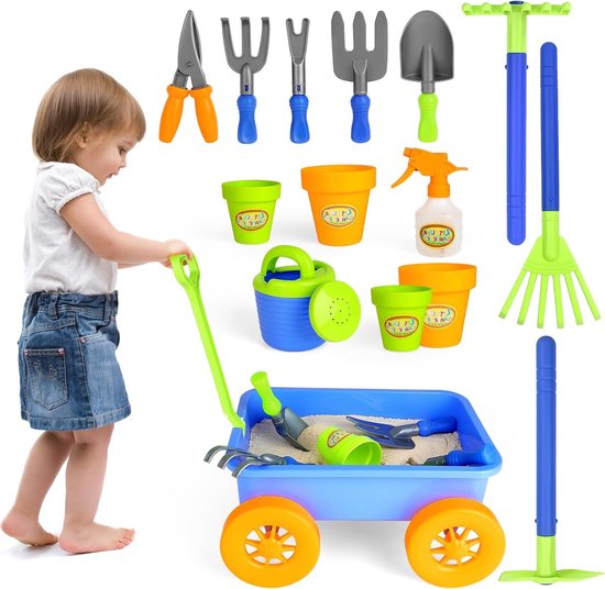 Speelset met Trekwagen, Tuingereedschap en 10 Accessoires inclusief 4 Plantenpotten voor Kinderen