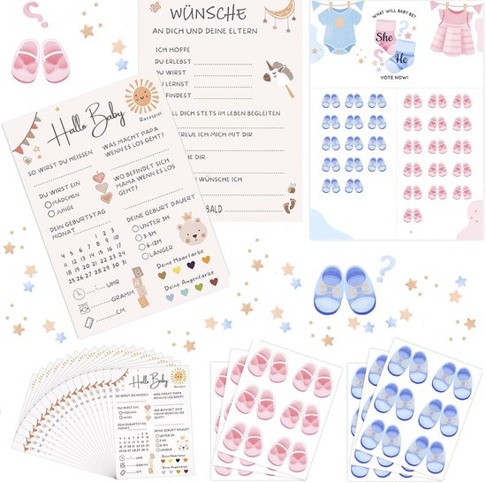 Spelkaarten Voor Babyshower - Kaarten Om in Te Vullen - 20 Dubbelzijdig Bedrukte Kaarten - Duits - Gender Reveal Party Games - 1 Stemposter - 36 Stickers - Dubbelzijdig Klevende Stippen van Merkloos	