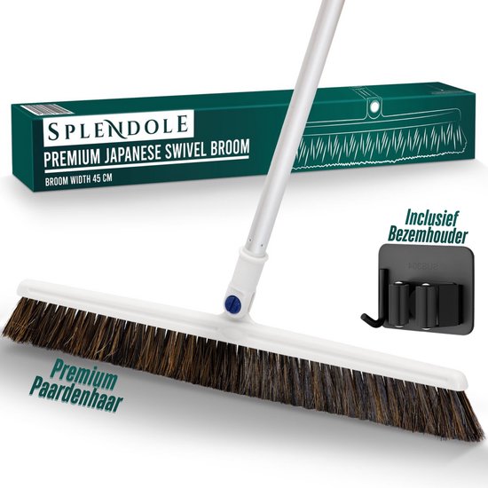 Splendole® Bezem binnen met telescoopsteel - Bezem - Kamerveger - premium bezem met steel - 45 cm breed - ultralicht - Zachte Paardenhaar van splendole