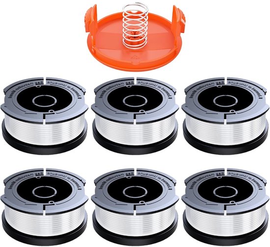 Spoelrandlijn - Compatibel met Black en Decker - Ø1,65 mm - Met 9 m randlijn - Bevat 1 vervangende spoelkap en 1 vervangende veer - 6 stuks van WiKi_PRO