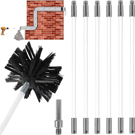 Staafset, kachelpijpborstel, haardpijp reinigingsborstel, haardborstel met 6 flexibele stangen, 410 mm, 1 borstelkop, inzetstuk met elektrische boren, voor schoorstenen, buizen